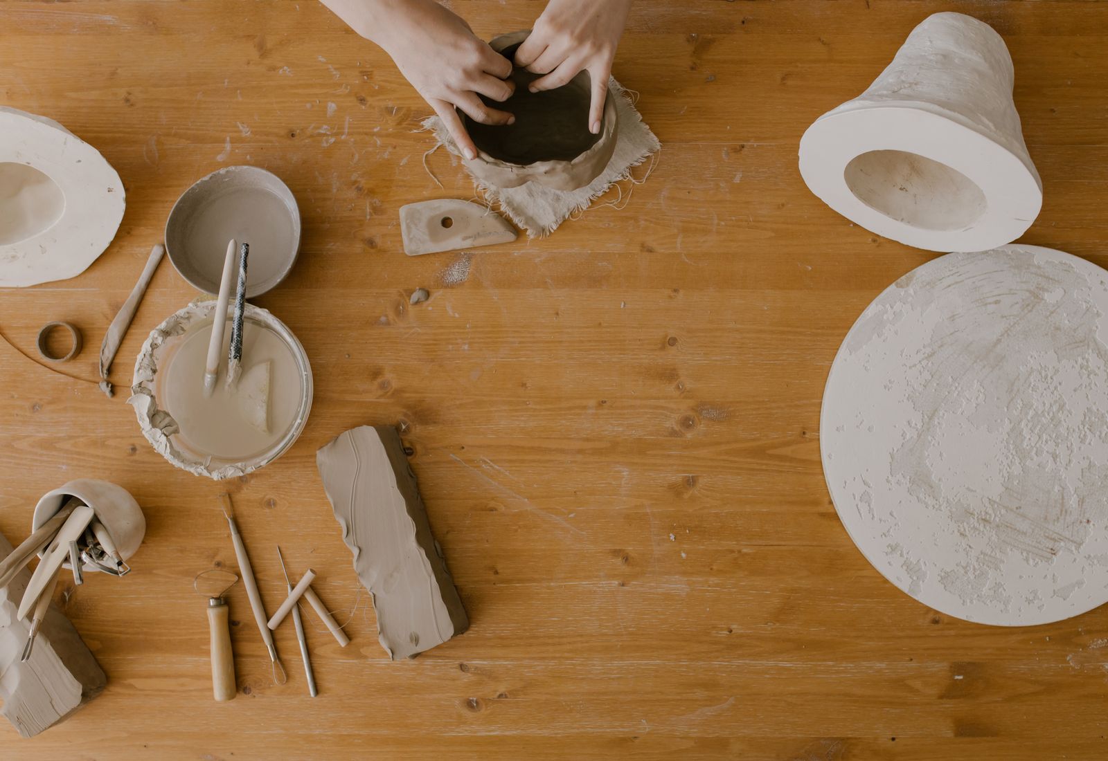 Workshop table with clay tools
